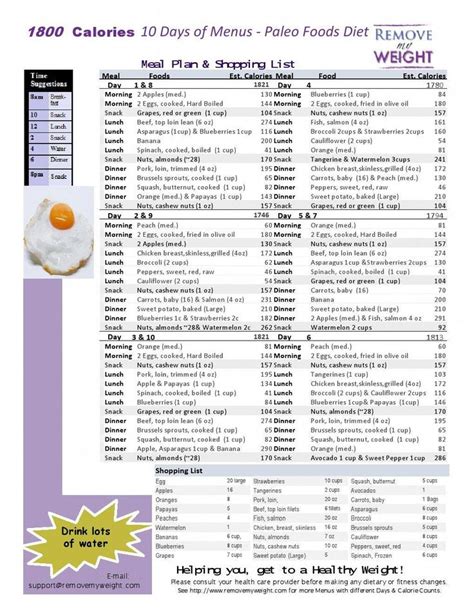 Simple One Page Printable 10 Day Of A 1800 Calorie Paleo Diet Menu Plan