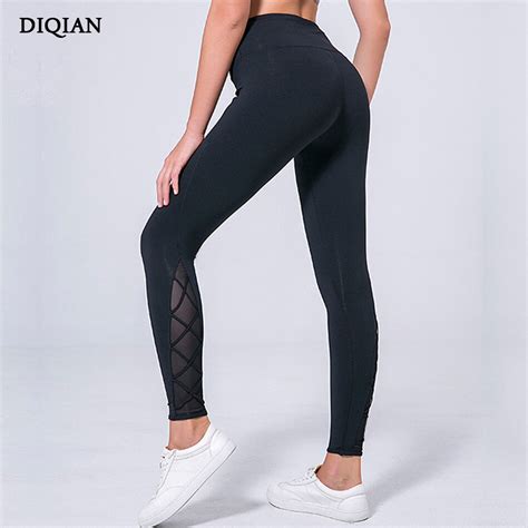 DIQIAN Elastic Mesh Yoga Pants For Women Fitness High Waist Gym Tights Slim Black Thick Sports