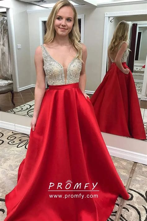 Beaded Bodice Sleek Red Satin Modern Formal Dress Promfy