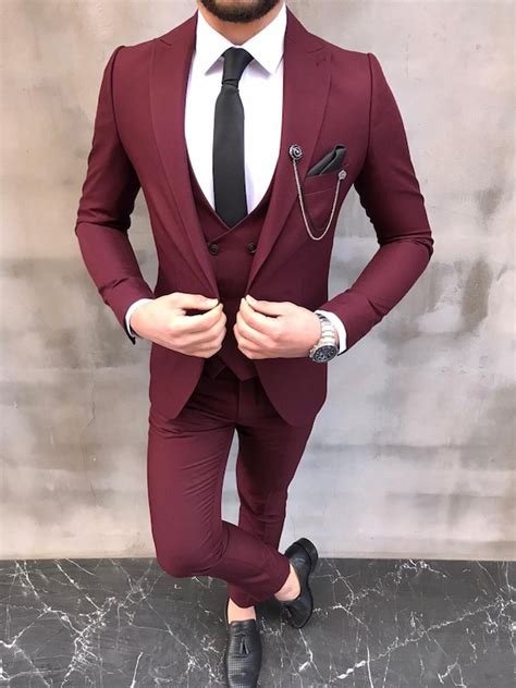 men suits maroon 3 piece formal fashion slim fit elegant etsy