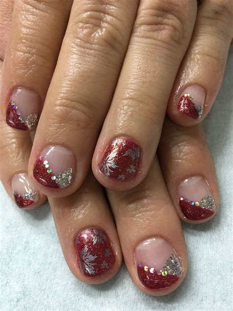Sparkle Cranberry And Silver Glitter Chevron French Stamped Fall Leaves Gel Nails Nails Gel