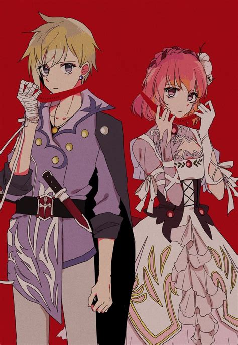 Two Anime Characters Standing Next To Each Other On A Red Background