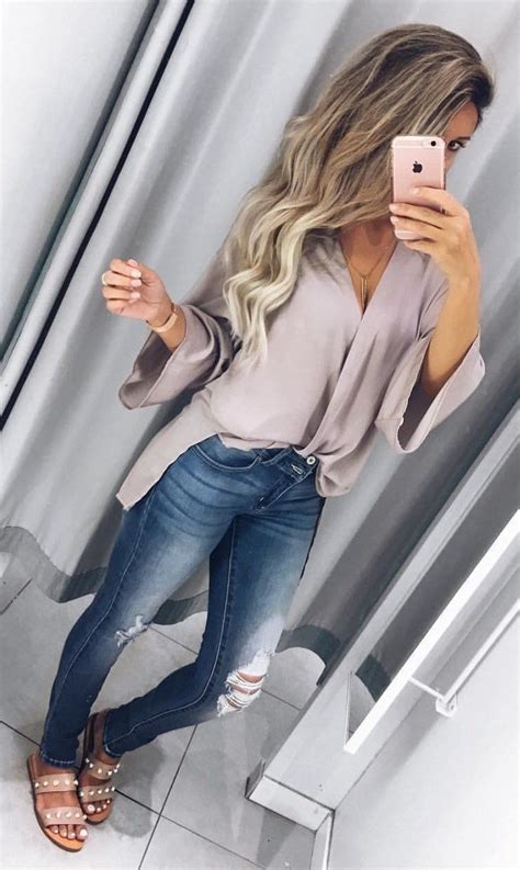 long sleeve blouse dressy light skinny jeans flat sandals classy fall outfits summer work