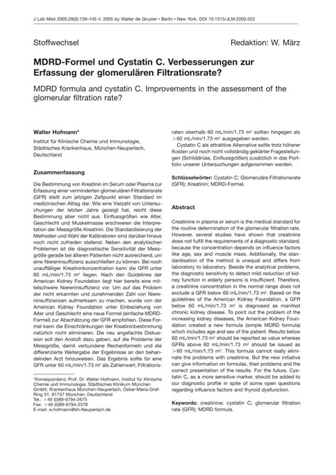 PDF MDRD Formel und Cystatin C Verbesserungen zur Erfassung der glomerulären Filtrationsrate