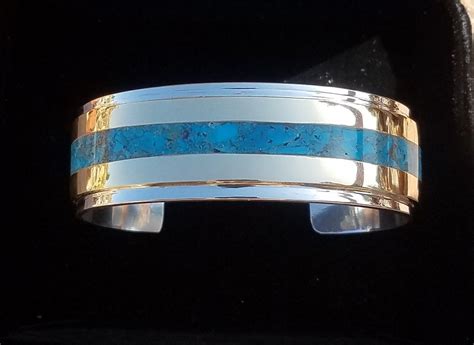 Turquoise Sterling Silver Bracelet Inlaid Turquoise Cuff Bracelet