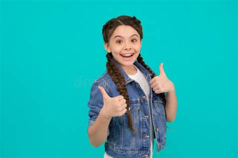 Beauty At Its Best Happy Child Give Thumbs Up Blue Background Little