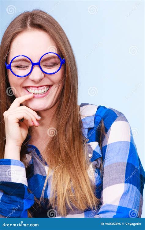 Happy Smiling Nerdy Woman In Weird Glasses Stock Image Image Of Smile Geek 94035395