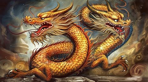 Red And Golden Dragons Battle On The Sky Background Pictures Of