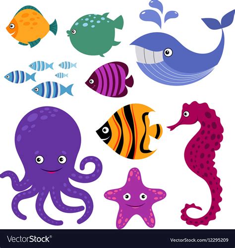 Cute Sea Creatures Cartoon Smiling Animals Vector Image