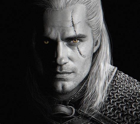 The Witcher 2019 Afis Black White Poster Face Actor Henry Cavill The Witcher Geralt De