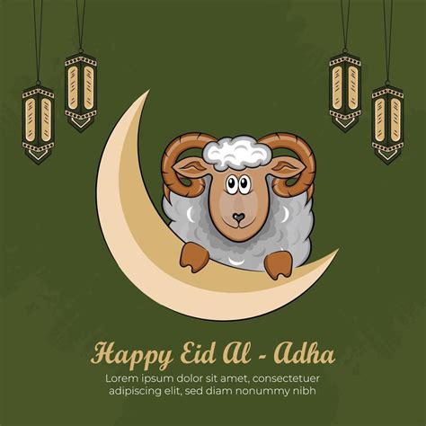 Eid Al Adha Greeting Cards With Hand Drawn Sheep In Green Background
