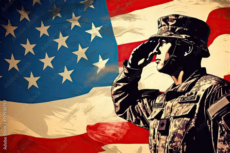 Patriotic Salute Soldier Honoring The American Flag Stock Photo