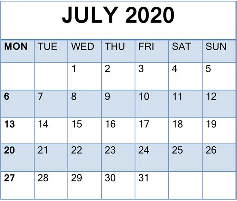 Printable July 2020 Calendar For Landscape And Vertical Template