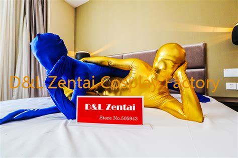 adult sex couples costume blue lycra spandex and gold shiny metallic zentai suits two pieces
