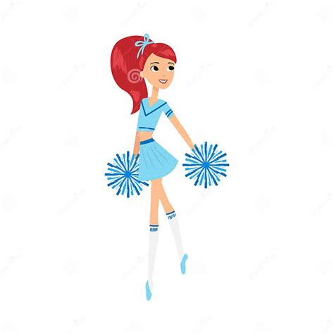 girl cheerleader in blue costume dancing with pompons vector illustration stock vector