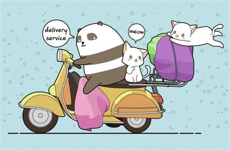 Premium Vector Kawaii Panda Is Riding A Motorcycle With 2 Cats For