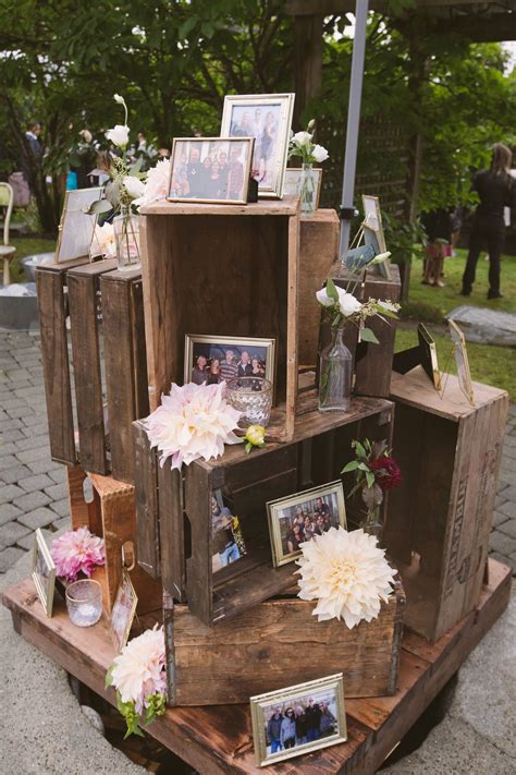 Rustic Crates Photo Display With Florals Country Wedding Reception
