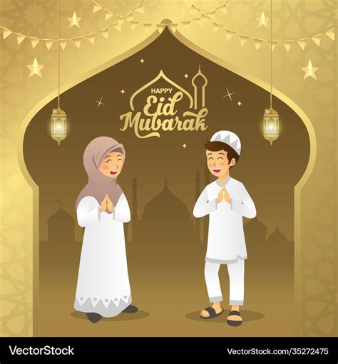 Eid Mubarak Greeting Card Cartoon Muslim Kids Vector Image