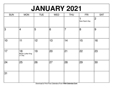 12 Month January 2021 Calendar Printable March