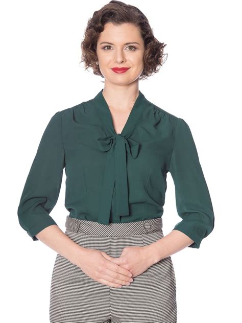 Banned Retro 1950s Perfect Pussy Bow Vintage Bell Sleeve Blouse Green