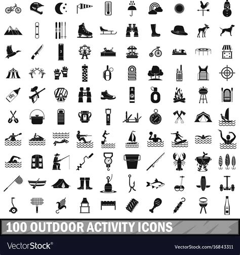 100 Outdoor Activity Icons Set Simple Style Vector Image