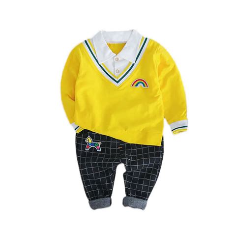 New 2018 Boy Clothes Autumn Polo Shirtplaid Pant 2pcs Baby Boys