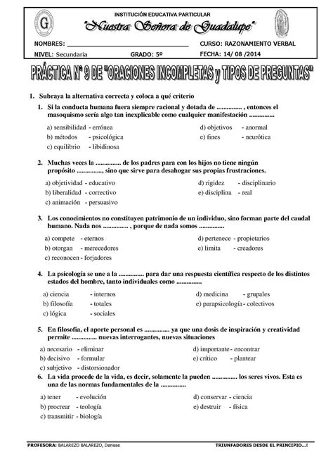 Calaméo Práctica De Oraciones Incompletas 5to