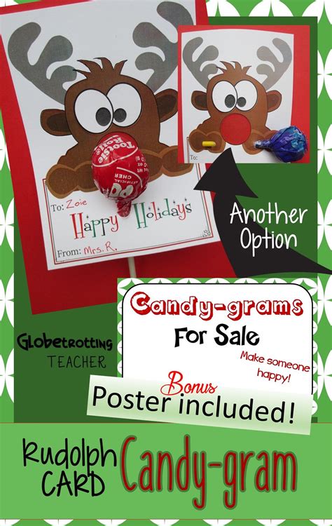 Candy grams are a great idea because they're simple, cheap, and fun! Holiday Cards-Rudolph Candy Gram (Christmas Lollipop Card) & Poster | Candy grams, Holiday cards ...
