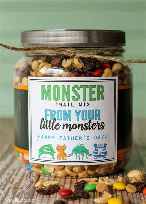 Add heart to any of these handmade gifts by writing a heartfelt message, incorporating your family's best photos or attaching a homemade father's day card. Monster Trail Mix Father's Day Gift