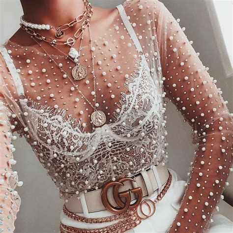 Casual Mesh Pearls Detail Long Sleeve Tops Women Spring Solid White See Through Short Tee