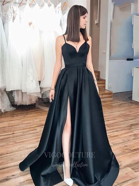 black satin spaghetti strap prom dress 20387 vigocouture