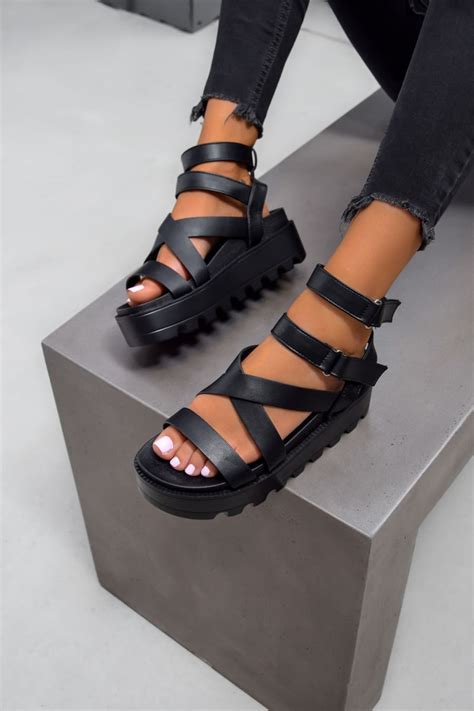 Chunky Platform Velcro Strap Gladiator Sandals Black Aj Voyage