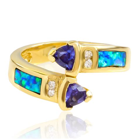 Australian Blue Opal Tanzanite Ring In 14k Solid Yellow Gold