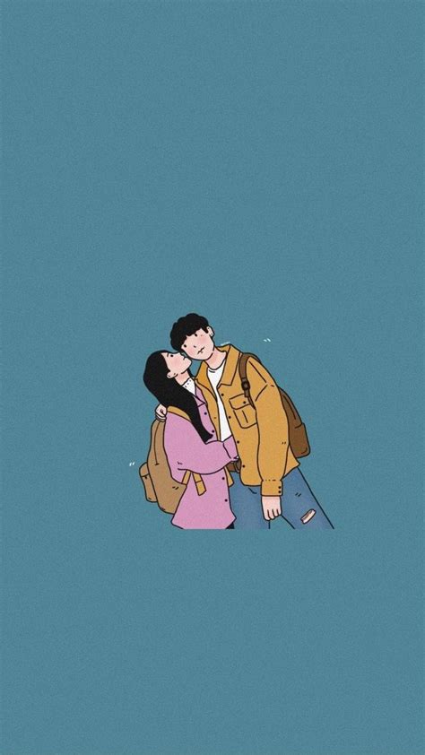 Download Cute Couple Cartoon Blue Green Background Wallpaper