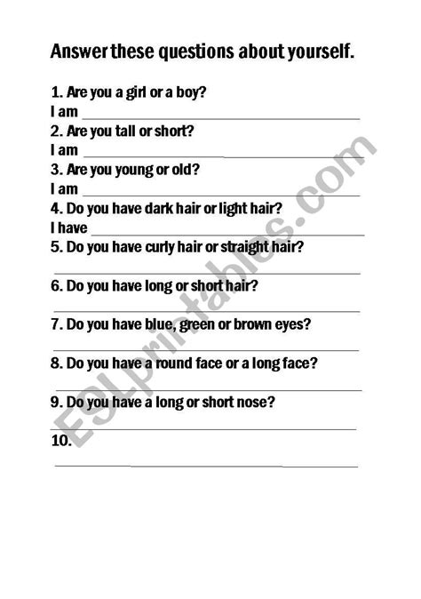 English Worksheets Questions About Yourself