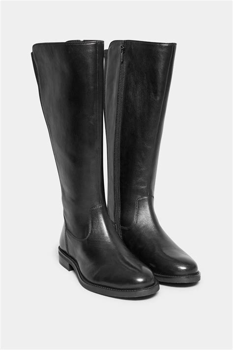 Black Elasticated Knee High Leather Boots In Wide E Fit And Extra Wide