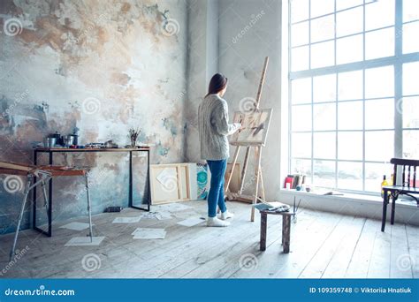 Young Woman Artist Painting At Home Creative Standing Drawing Stock