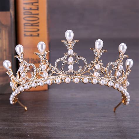 Fashion Queen Gold Pearl Crown Hair Wear Silver Rhinestone Pearl Tiara