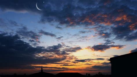 Crescent Moon With Stars Crescent Moon With Beautiful Sunset
