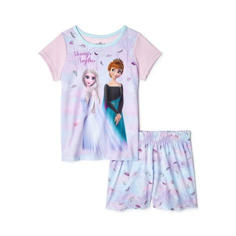 Disney Frozen 2 Anna And Elsa Girls Short Sleeve Top And Shorts Pajamas 2 Pc Set Sizes 4 12