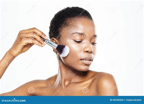 Afro American Woman Applying Makeup With Brush Stock Photo Image Of