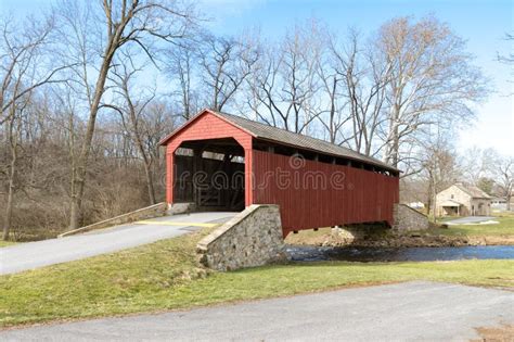Red Covered Bridge Stock Photo Image Of Rural Countryside 67014802