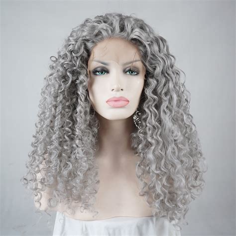 24 Afro Gray Hair Curly Long Halloween Lace Front Wig Heat Resistant Wig Cap In Synthetic None