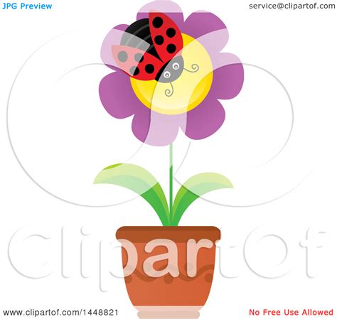 Clipart Of A Ladybug On A Purple Potted Flower Royalty Free Vector