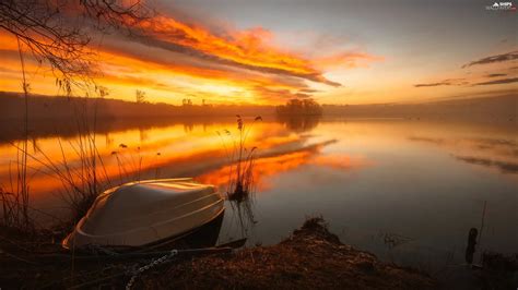 Great Sunsets Fog Boat Coast Lake Ships Wallpapers 2560x1440