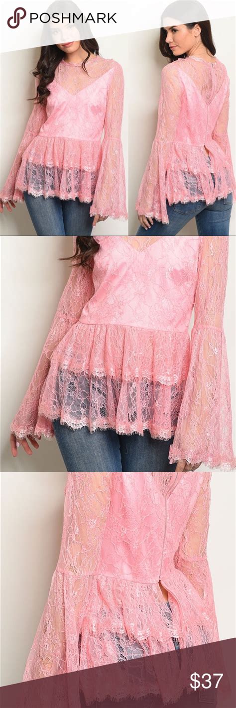 Pink Lace Long Bell Sleeve Ruffle Detail Top Pink Long Sleeve Tops