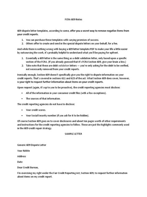 Generic 609 Credit Dispute Letter | PDF | Credit History | Credit Score