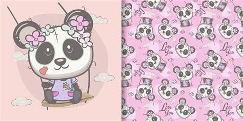 Lucu Kartun Panda Gadis Dengan Pola Mulus Ilustrasi Stok Unduh Gambar