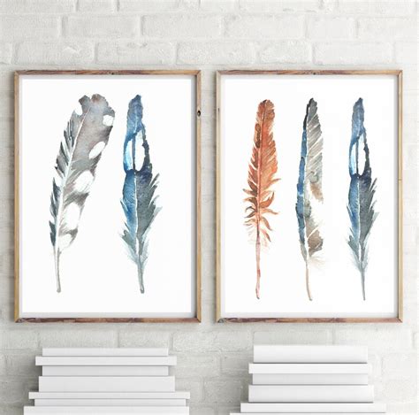Feathers Watercolor Print Feather Painting Boho Wall Decor Etsy