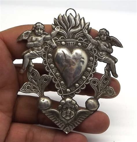 Antique Old Sacred Heart Of Jesus Angels Ex Voto Milagro Miracle